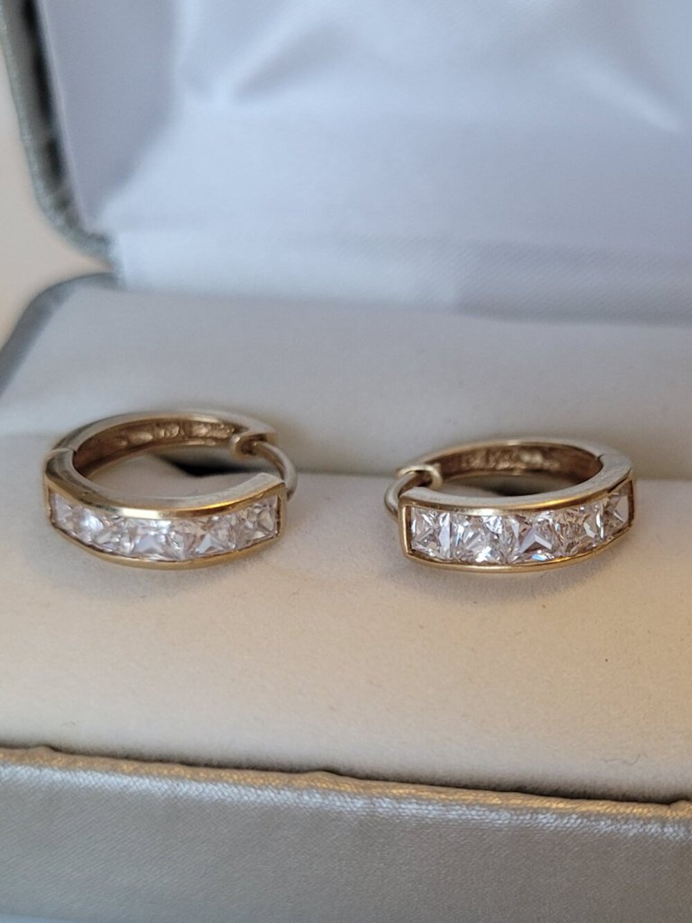 14k Hoop Earrings Princess Cut CZs Yellow Gold Dainty